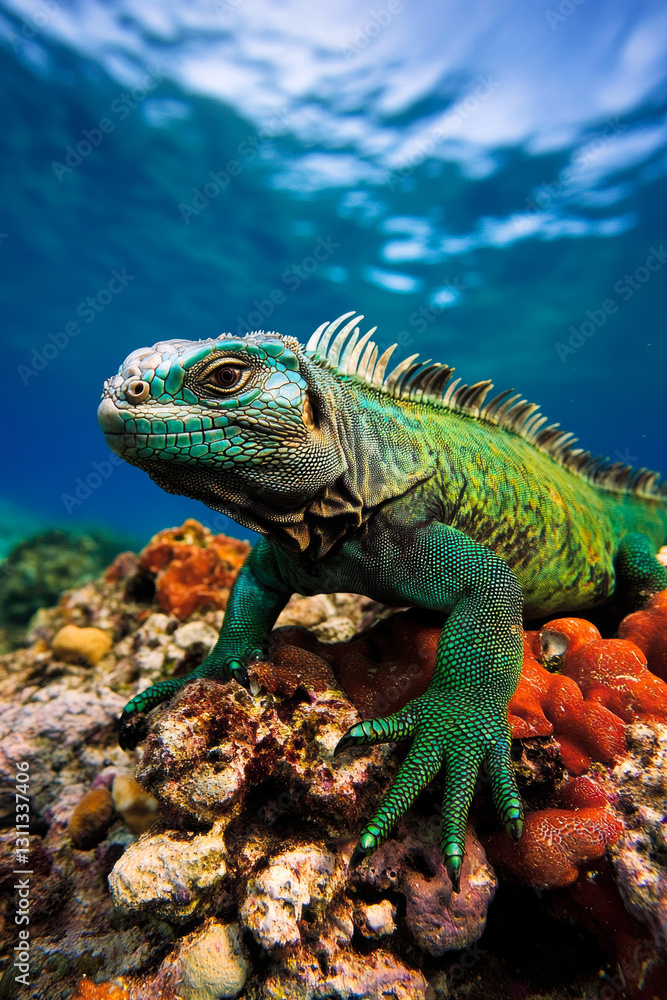 Fototapeta premium This stunning underwater shot captures a vibrant iguana perched on coral, showcasing its striking colors and unique adaptations in the aquatic environment.