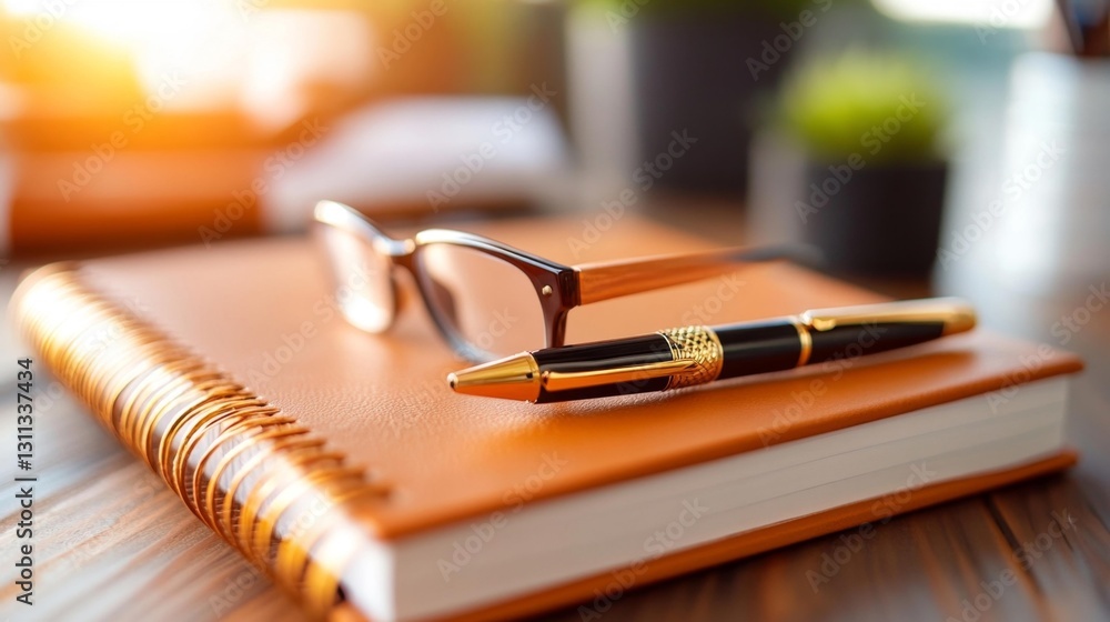 A stylish notebook with a pen and glasses resting on it captured with soft lighting on a wooden table. Generative AI A stylish notebook with a pen and glasses resting on it captured with soft lighting on a wooden table. Generative AI