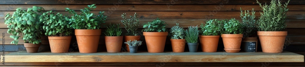 Herb Garden with Various Plants in Pots on Shelf. Generative AI Herb Garden with Various Plants in Pots on Shelf. Generative AI