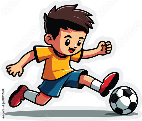 Kicking a soccer ball with determination and enthusiasm.