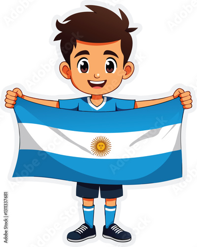 Argentine Fan: A young boy joyfully holds aloft the flag,