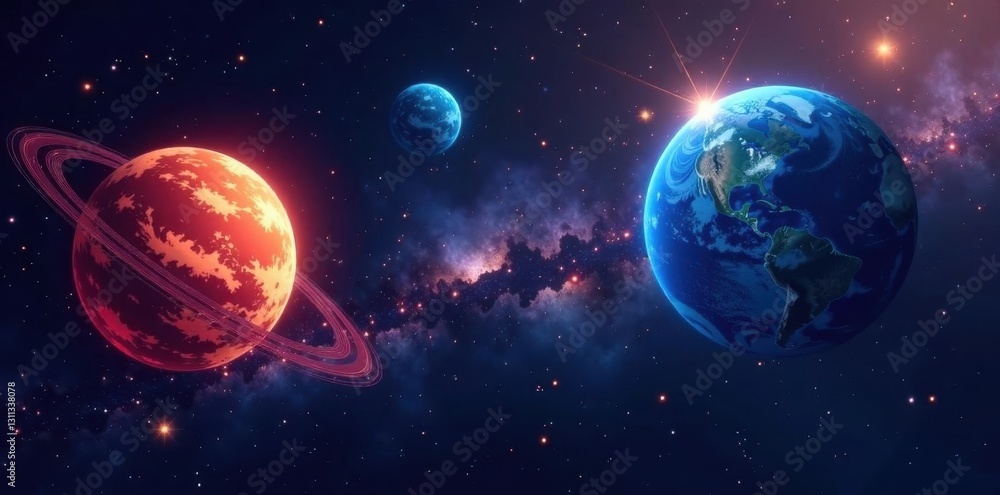 Naklejka premium Geometric planets, glowing constellations, dark void, night, universe, abstract