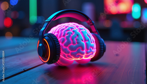 Neon brain with headphones on wooden table, symbolizing binaural beats concept