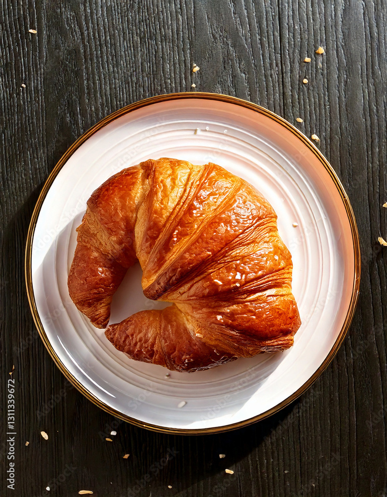 Croissant on plate top view fresh pastry social media style