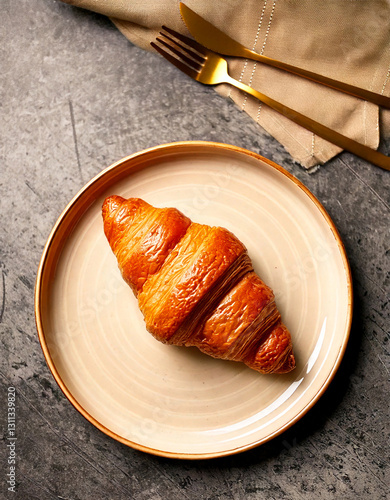 Croissant on plate top view fresh pastry social media style