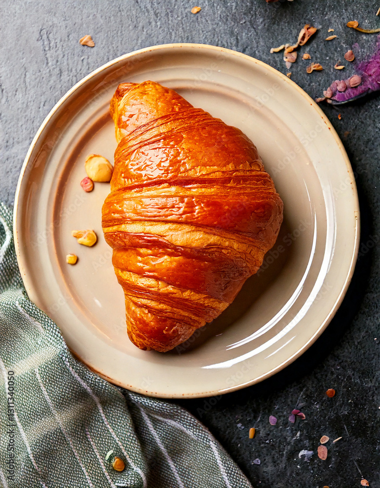 Croissant on plate top view fresh pastry social media style