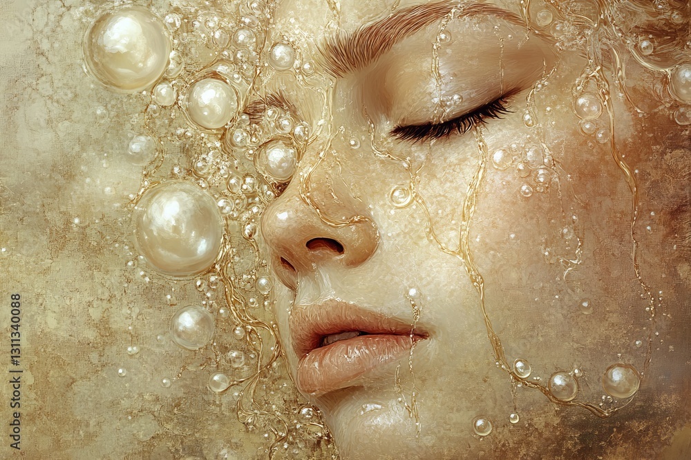 A woman's face is covered in bubbles, giving her a dreamy, ethereal appearance A woman's face is covered in bubbles, giving her a dreamy, ethereal appearance