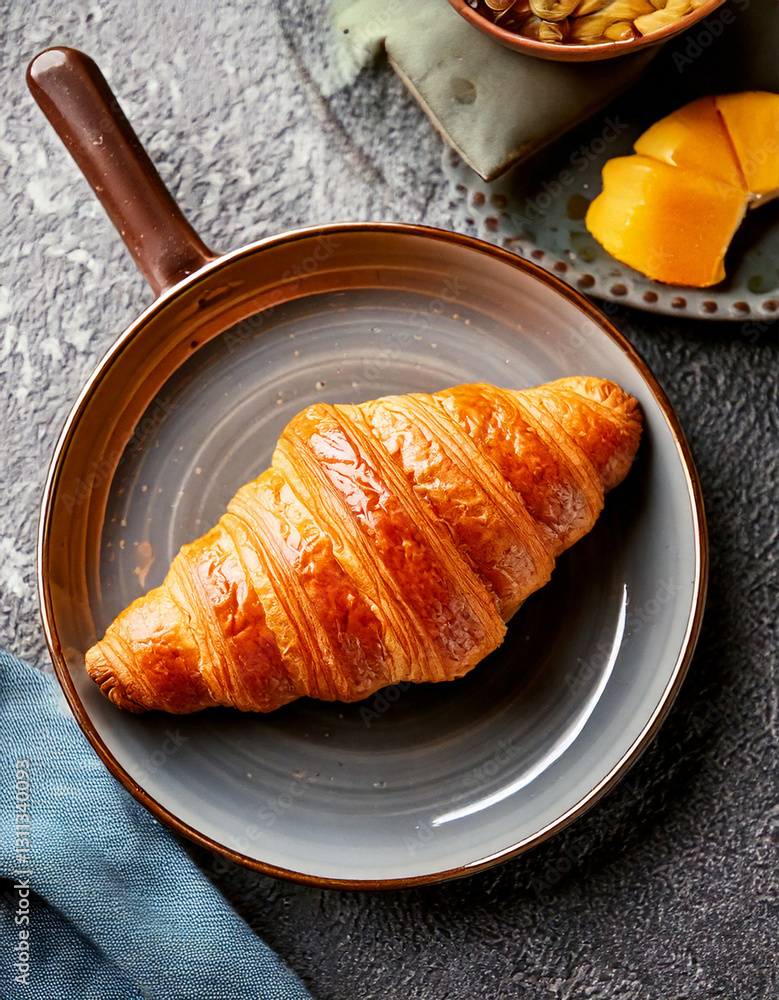 Croissant on plate top view fresh pastry social media style