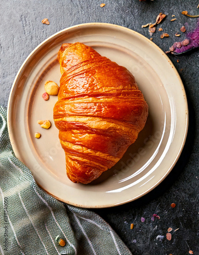 Obraz na płótnie Croissant on plate top view fresh pastry social media style w salonie