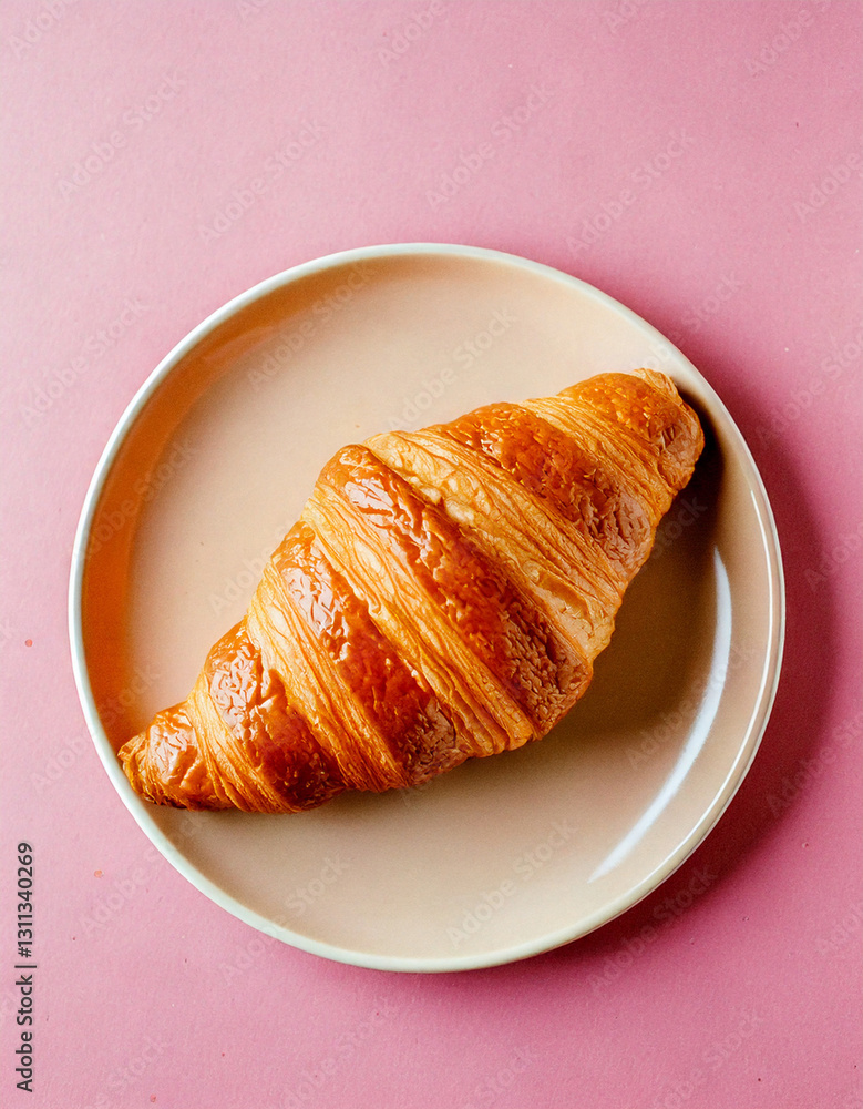Croissant on plate top view fresh pastry social media style