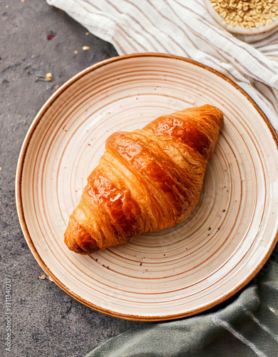 Obraz na płótnie Croissant on plate top view fresh pastry social media style w salonie