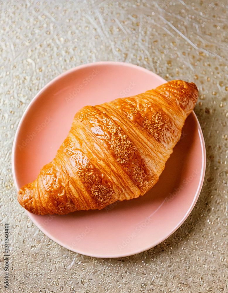Croissant on plate top view fresh pastry social media style