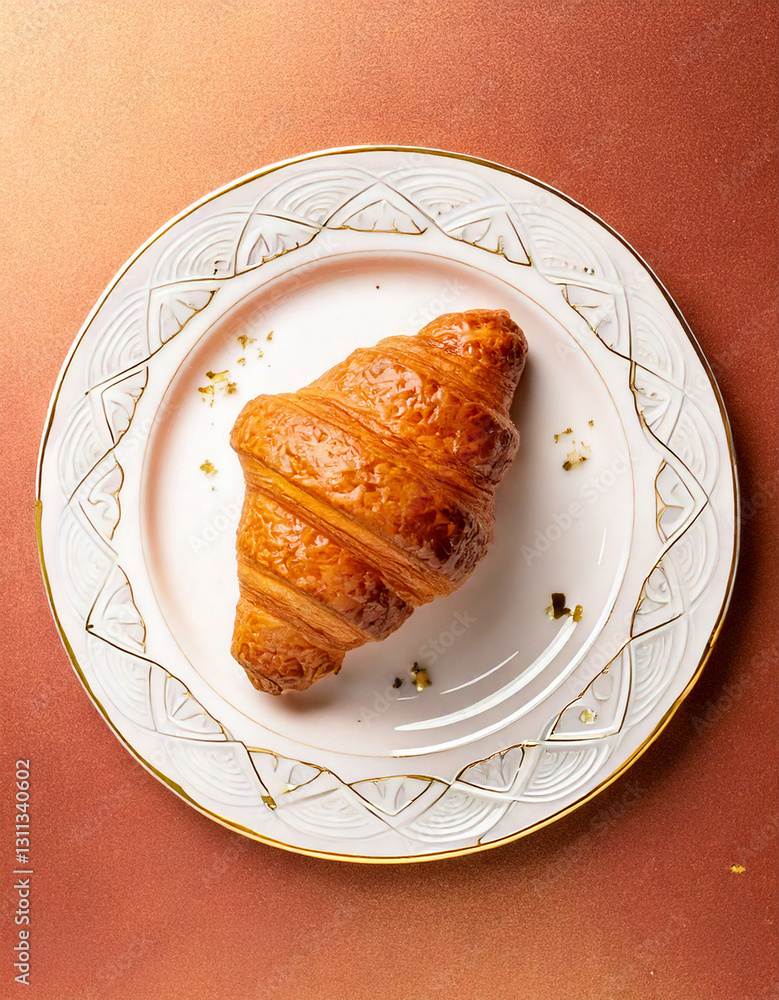 Croissant on plate top view fresh pastry social media style