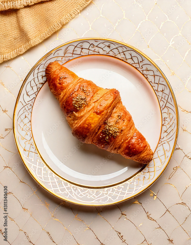Croissant on plate top view fresh pastry social media style