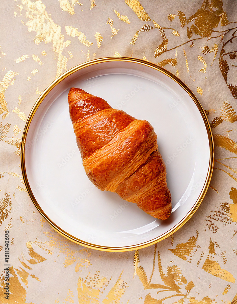 Croissant on plate top view fresh pastry social media style