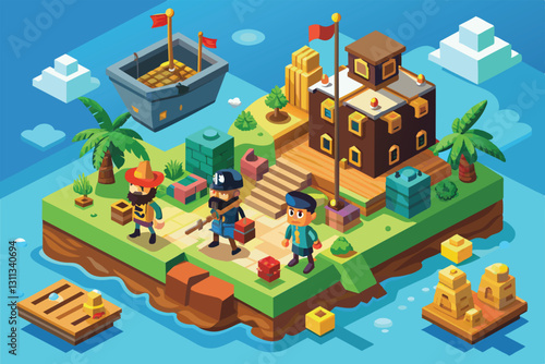 A lively isometric view of pirates interacting on a colorful island surrounded by ocean elements, Pirates Customizable Isometric Illustration