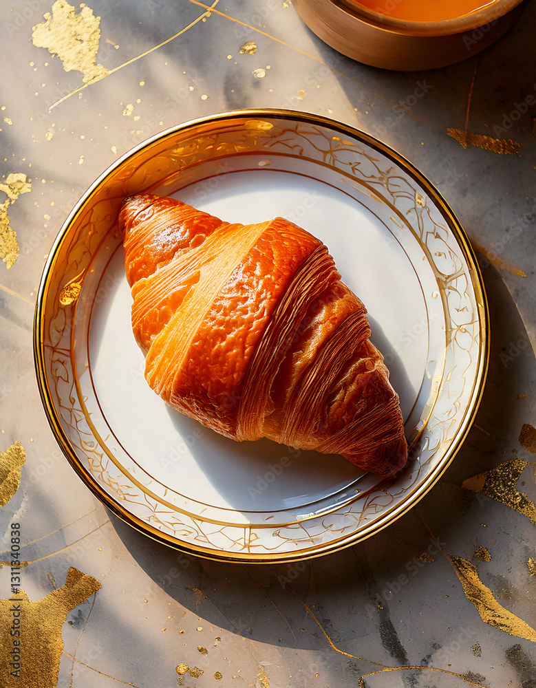 Croissant on plate top view fresh pastry social media style