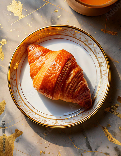 Obraz na płótnie Croissant on plate top view fresh pastry social media style w salonie