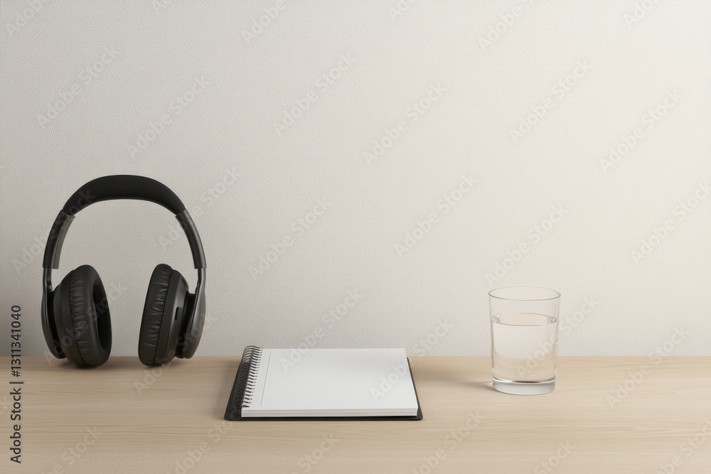 Minimalistic workspace featuring headphones, notebook, and glass Minimalistic workspace featuring headphones, notebook, and glass