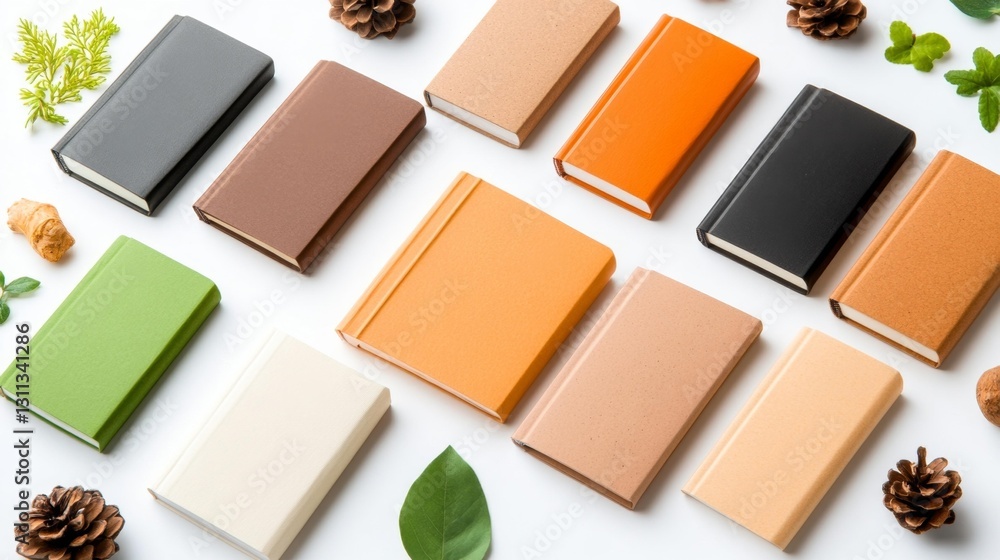 Fototapeta premium Colorful collection of eco-friendly notebooks arranged with leaves and pinecones on white isolated background. Generative AI