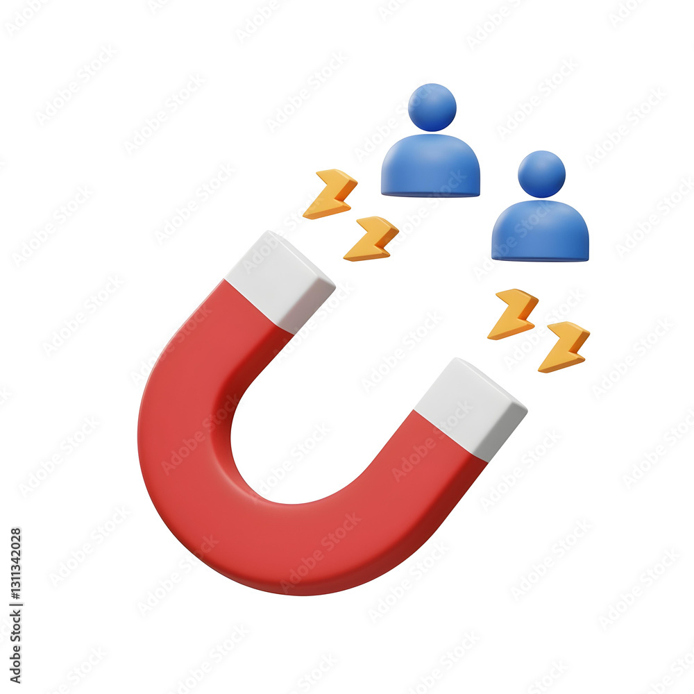 3d magnet attracting people icon for marketing, customer engagement, leads. 3d magnet attracting people icon for marketing, customer engagement, leads.