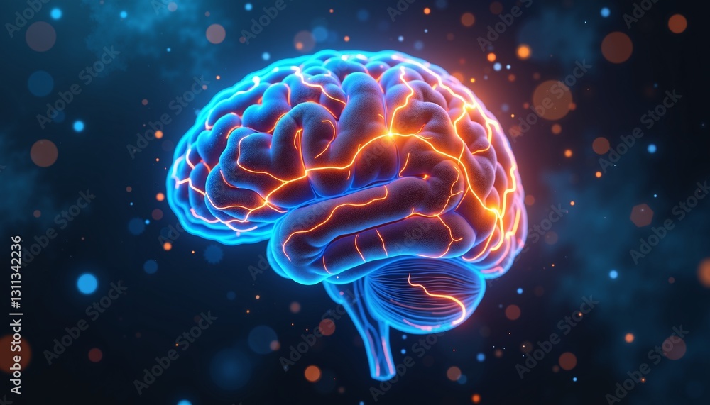 Glowing Neural Brain Illustration with Blue and Orange Lights, Perfect for Mindfulness Themes Glowing Neural Brain Illustration with Blue and Orange Lights, Perfect for Mindfulness Themes