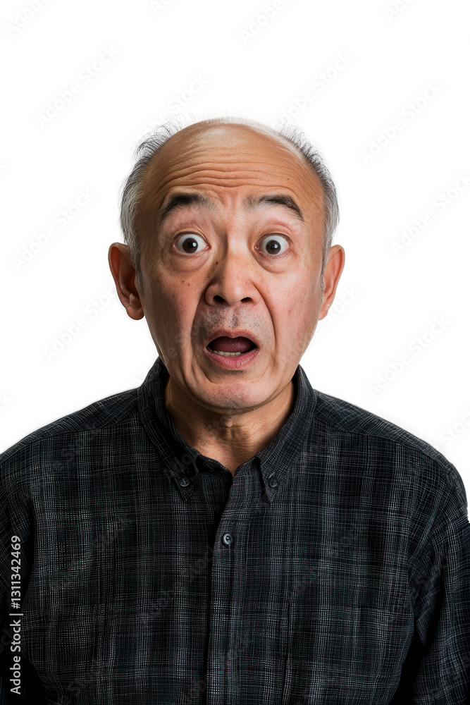 Man looking shocked with surprised expression isolated on white background, emotional reaction, elder gentleman showing disbelief and astonishment in portrait.