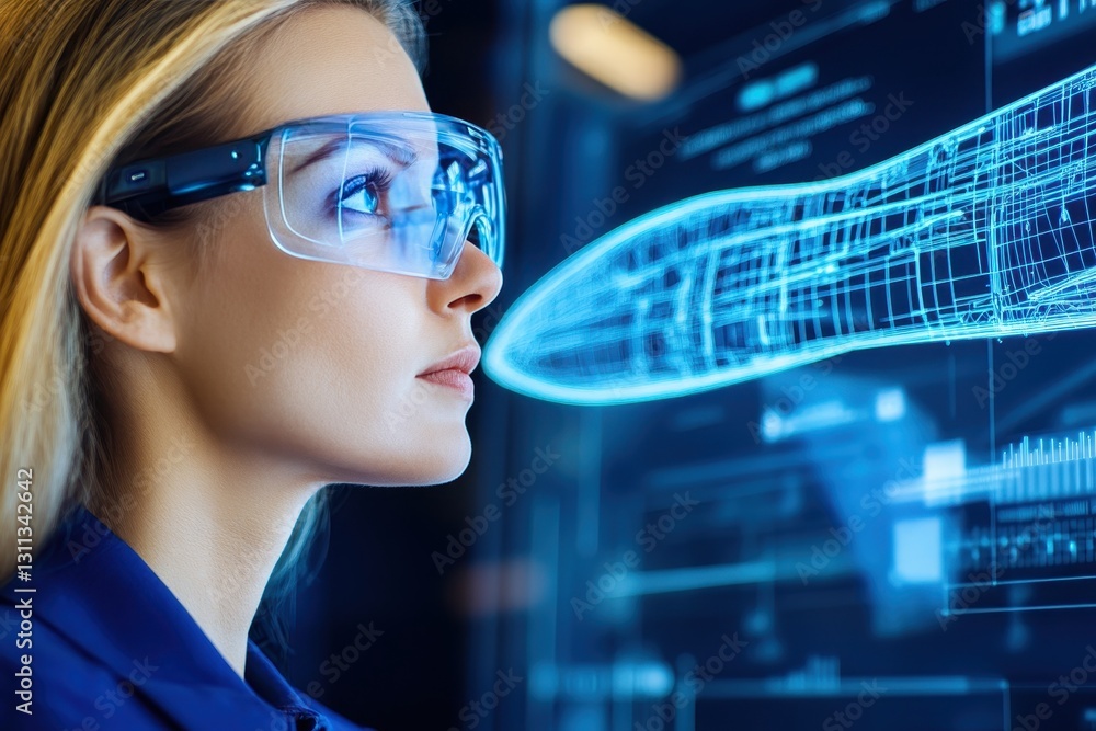 Woman Using Ar Goggles With Digital Aircraft Hologram Woman Using Ar Goggles With Digital Aircraft Hologram