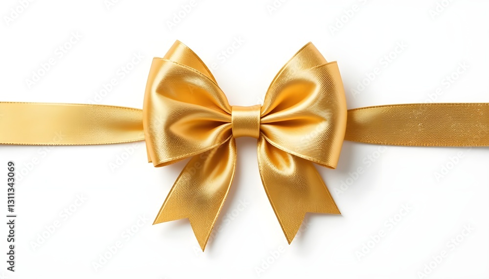 Golden Satin Bow Ribbon on White Background for Festive Decorations or Gifts Golden Satin Bow Ribbon on White Background for Festive Decorations or Gifts