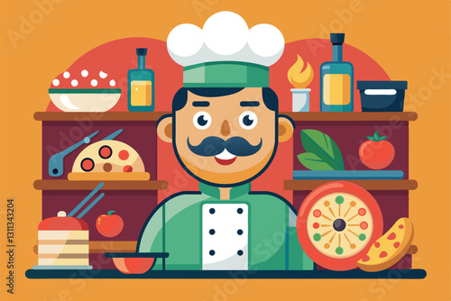 A cheerful pizza maker is shown in a vibrant kitchen, crafting tasty pizzas with fresh toppings and sauces, Pizza maker Customizable Cartoon Illustration