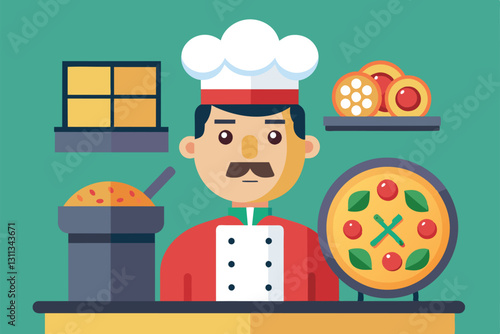 A cheerful pizza maker creates unique pizzas in a vibrant kitchen setting, showcasing culinary skills, Pizza maker Customizable Disproportionate Illustration