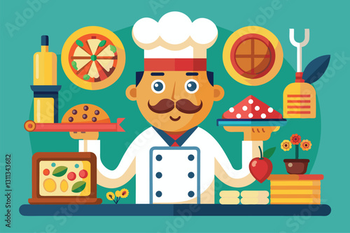 A cheerful pizza maker showcases various dishes in a vibrant kitchen while preparing gourmet delights, Pizza maker Customizable Cartoon Illustration