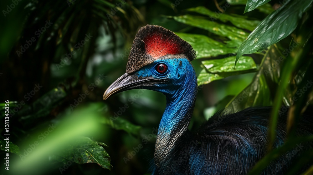 Fototapeta premium Cassowary peering through dense rainforest foliage