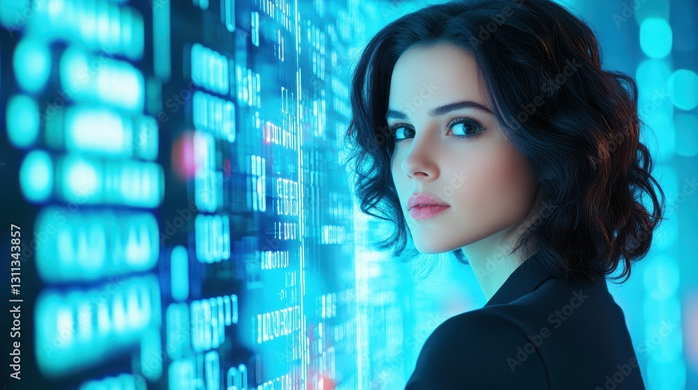 Focused Woman In Tech Setting With Blue Patterns. Focused Woman In Tech Setting With Blue Patterns.