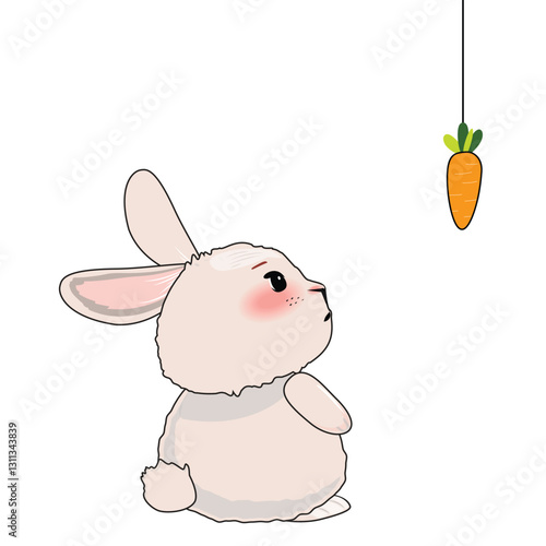Outline cartoon of a bunny gazing at a dangling orange carrot above, isolated illustration