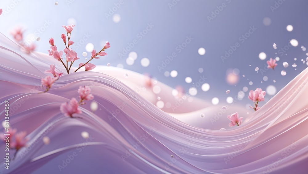 Abstract Waves of Pastel Lavender with Blossoming Cherry Flowers and Floating Bokeh Light Abstract Waves of Pastel Lavender with Blossoming Cherry Flowers and Floating Bokeh Light