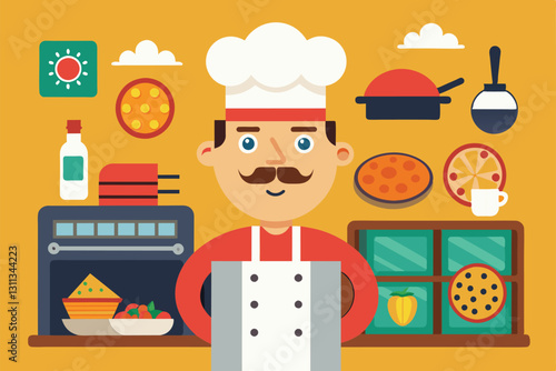 A friendly pizza maker stands in a colorful kitchen filled with various cooking tools and dishes, Pizza maker Customizable Disproportionate Illustration