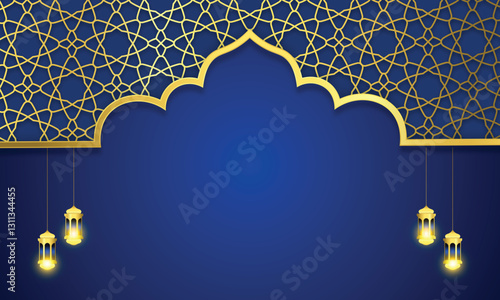 Blue islamic ornament mosque arch with moroccan pattern frame border Banner Decoration