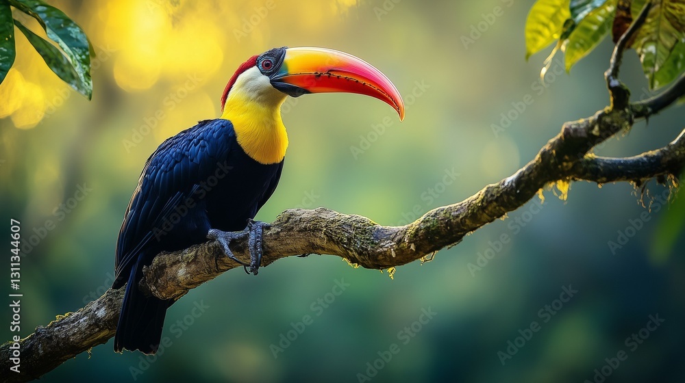 Obraz premium Vivid toucan resting on wooden branch amidst greenery