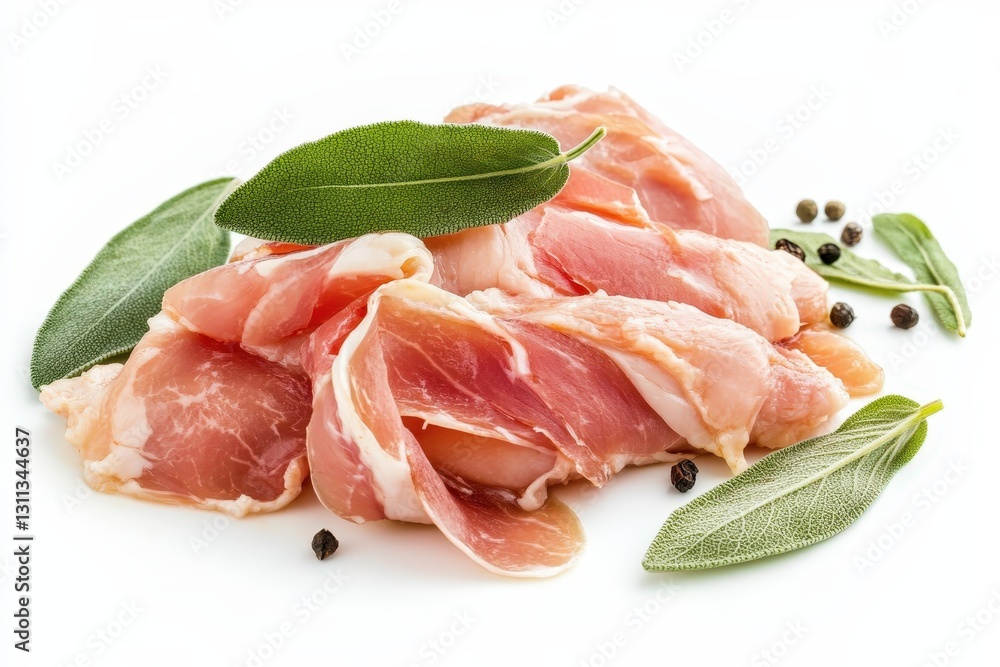 Sliced meat and herbs are displayed on a white background Sliced meat and herbs are displayed on a white background
