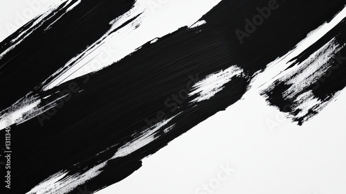 A high-contrast black and white abstract painting with sharp brush strokes