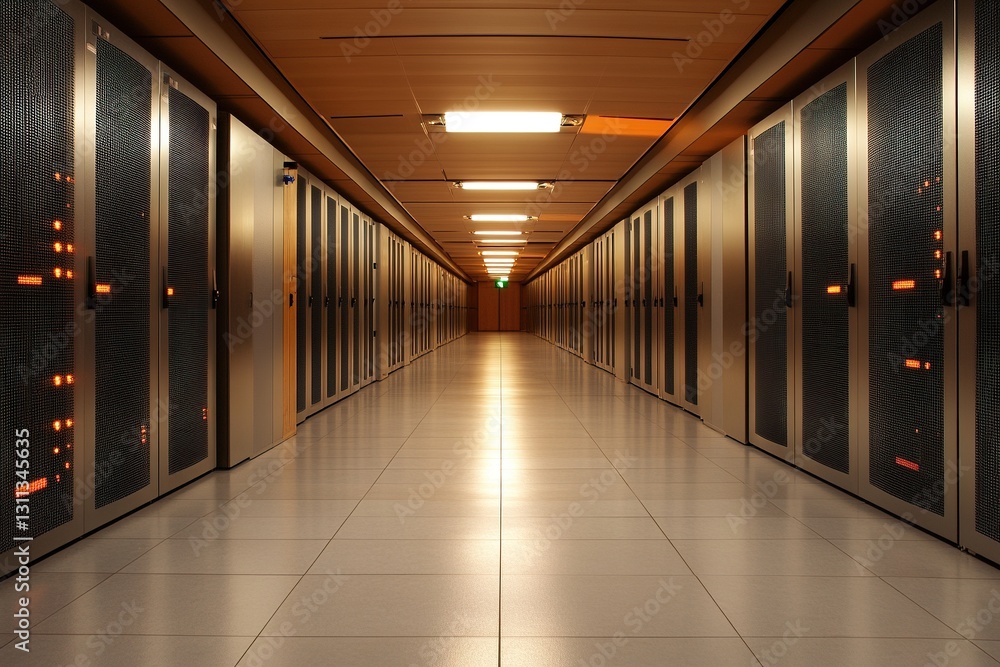 Fototapeta premium Data center corridor with illuminated server racks in a modern facility during evening hours