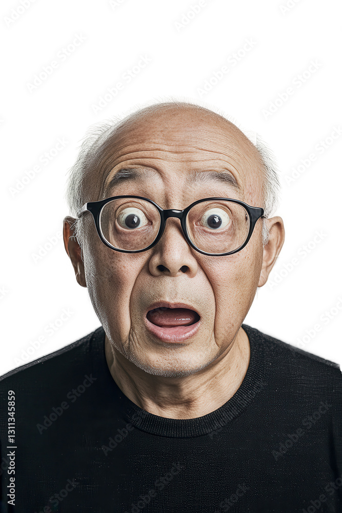 Senior man surprised with open mouth and wide eyes expressing shock or disbelief in isolated portrait on white background for lifestyle and emotions concepts. Senior man surprised with open mouth and wide eyes expressing shock or disbelief in isolated portrait on white background for lifestyle and emotions concepts.