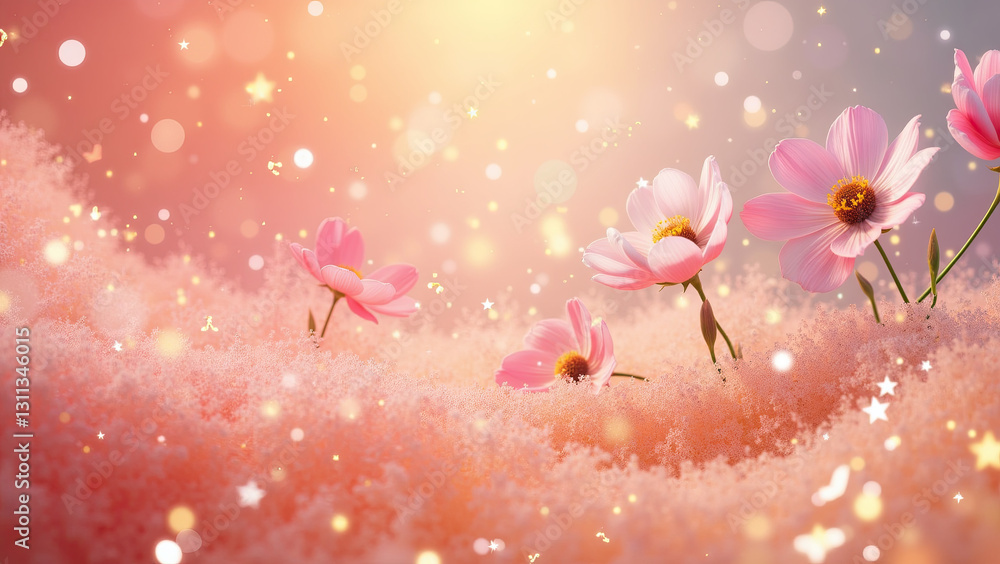 A delicate and transparent cherry blossom floats, surrounded by shimmering musical notes. The background is a pearlescent paper texture with a pink and white gradient, creating a soft and dreamy atmos A delicate and transparent cherry blossom floats, surrounded by shimmering musical notes. The background is a pearlescent paper texture with a pink and white gradient, creating a soft and dreamy atmos