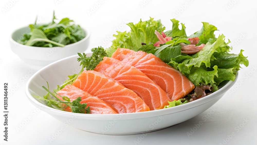 Tilt-Shift Photography: Fresh Salmon Sashimi, Japanese Cuisine, Green Salad, White Background, High-Resolution Image Tilt-Shift Photography: Fresh Salmon Sashimi, Japanese Cuisine, Green Salad, White Background, High-Resolution Image