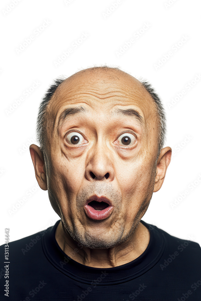 Surprised elderly man expressing emotions with wide-open eyes and mouth on white background, showcasing facial expressions and reactions in stock photography. Surprised elderly man expressing emotions with wide-open eyes and mouth on white background, showcasing facial expressions and reactions in stock photography.