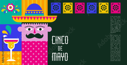 Cinco De Mayo Colorful, bold design in vibrant colors. Mexican elements Fiesta and Mexico icons. Vector illustrations and concept banner design