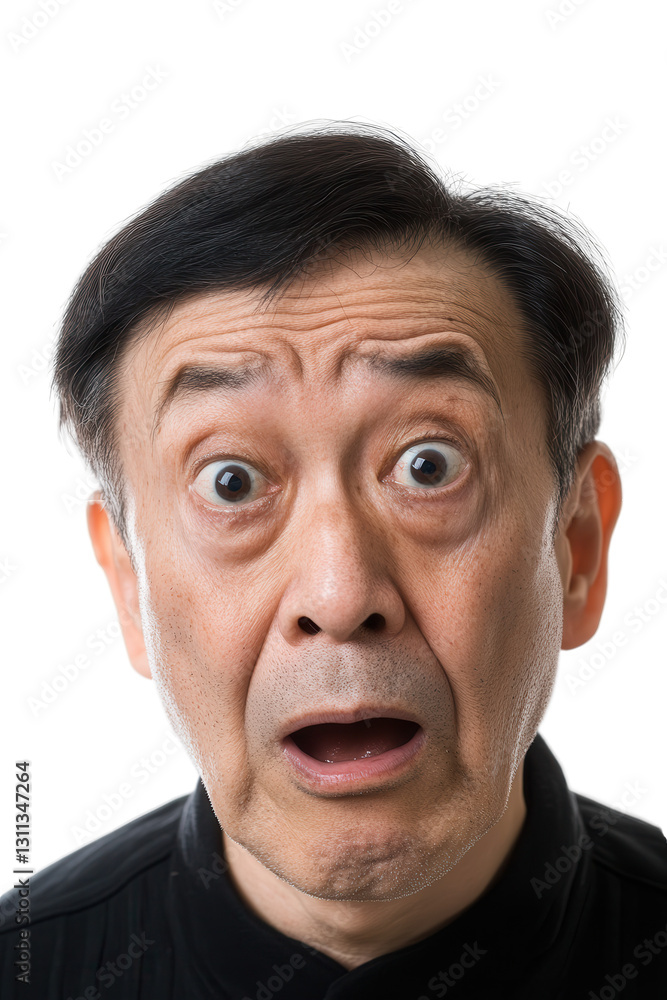 Surprised older Asian man with shocked facial expression looking at camera isolated on white background reacting to unexpected news or event. Surprised older Asian man with shocked facial expression looking at camera isolated on white background reacting to unexpected news or event.
