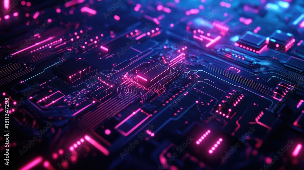 Glowing circuit board with electronic components and digital connections is shown Glowing circuit board with electronic components and digital connections is shown