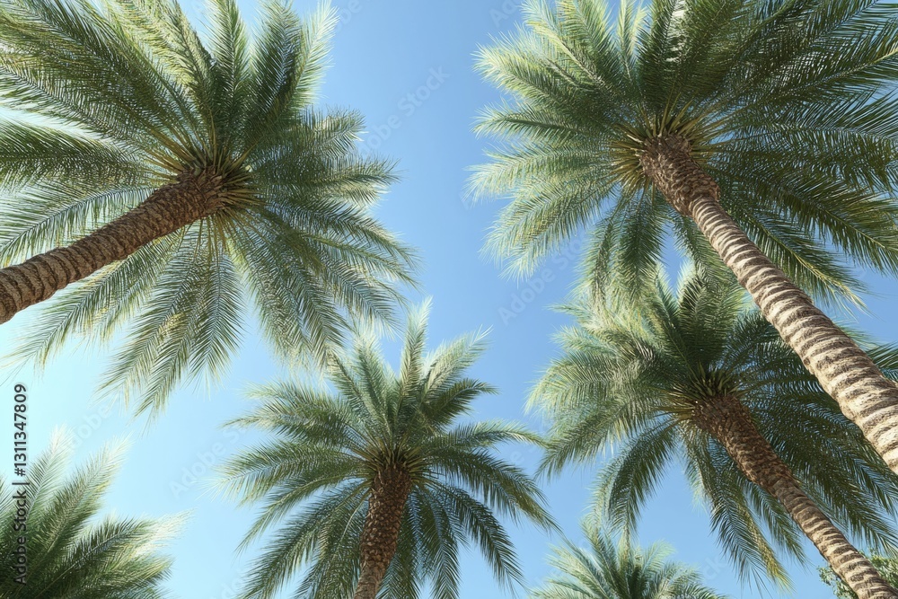 A grove of date palm trees in the desert, an oasis landscape with tall green grass and mountains in the background